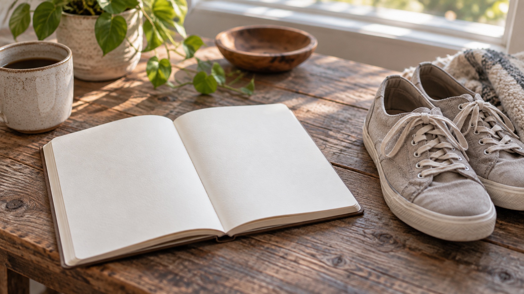 A blank notebook and walking shoes on a home floor.