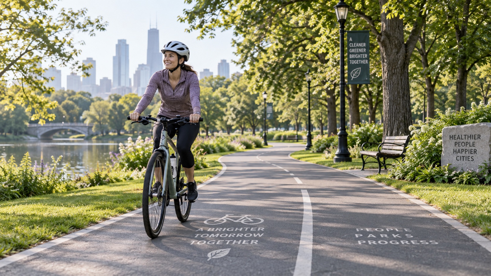 An adult cycles on a level park path.