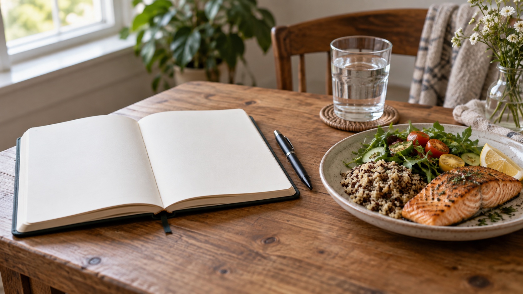 A blank notebook and pen beside a plain meal.