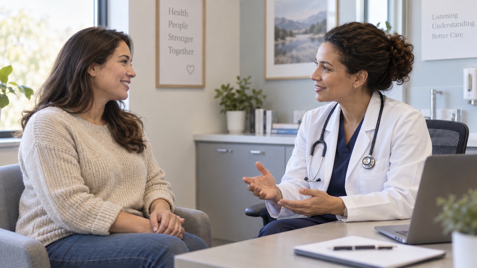 An adult and clinician discuss symptoms in an office.