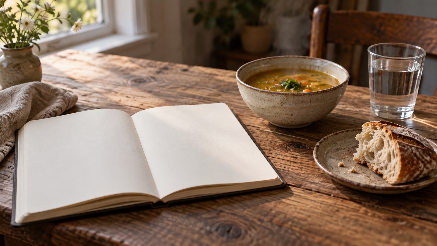 A blank notebook beside a modest dinner plate.
