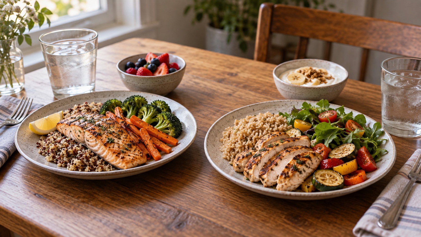 Two modest meals on a kitchen table.
