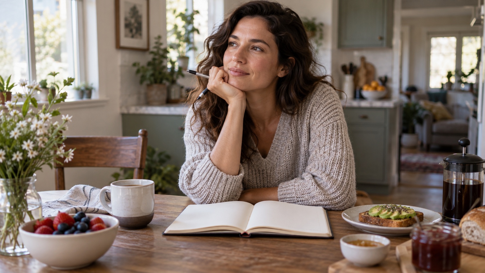 An adult considers a blank weekly meal planner.