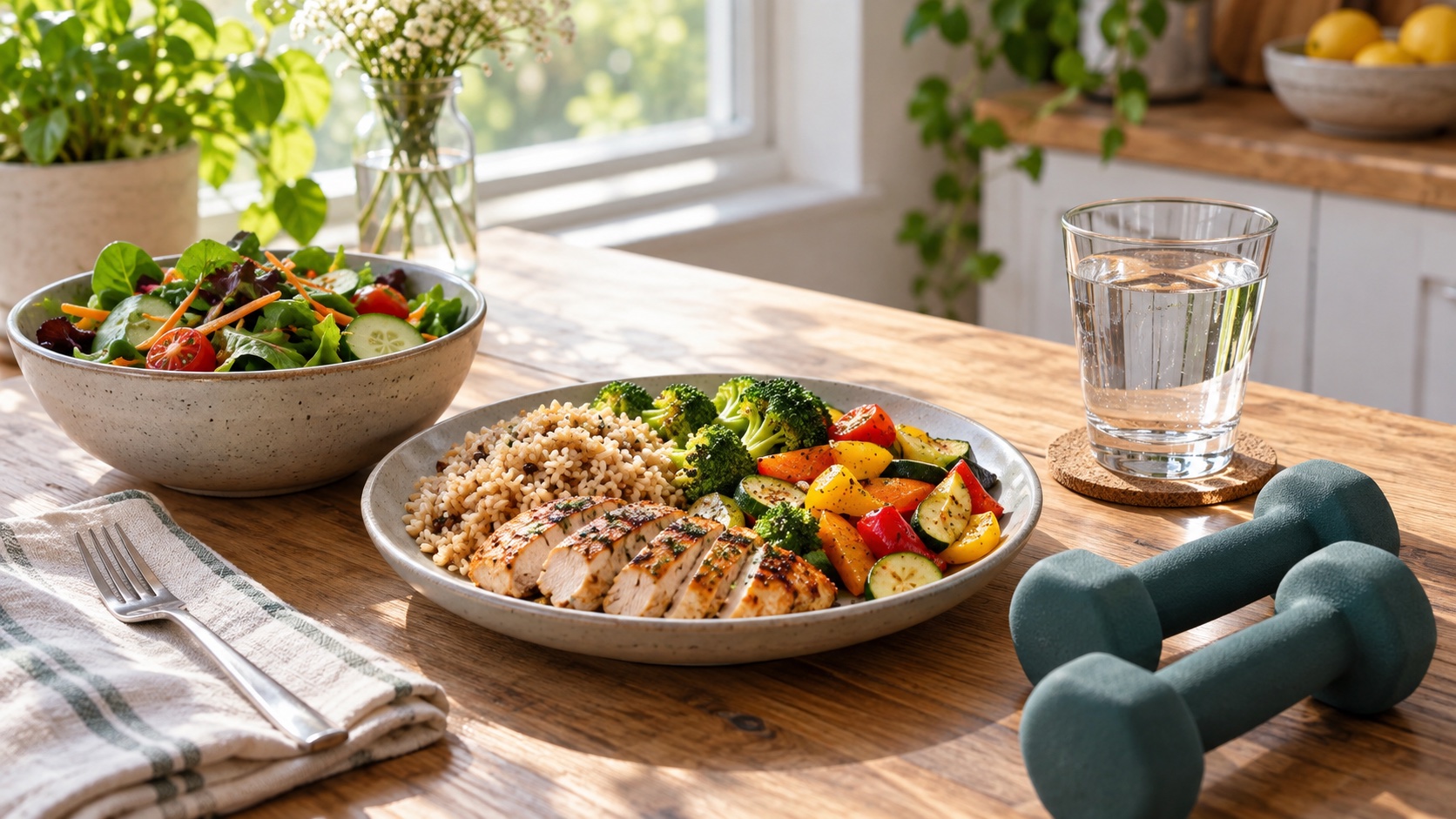Light dumbbells beside an ordinary balanced meal.