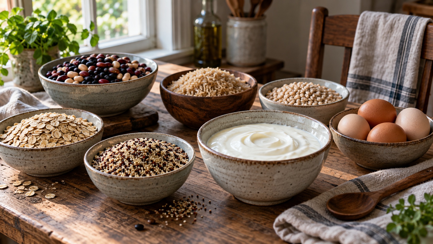A balanced meal with beans, yogurt, eggs and grains.