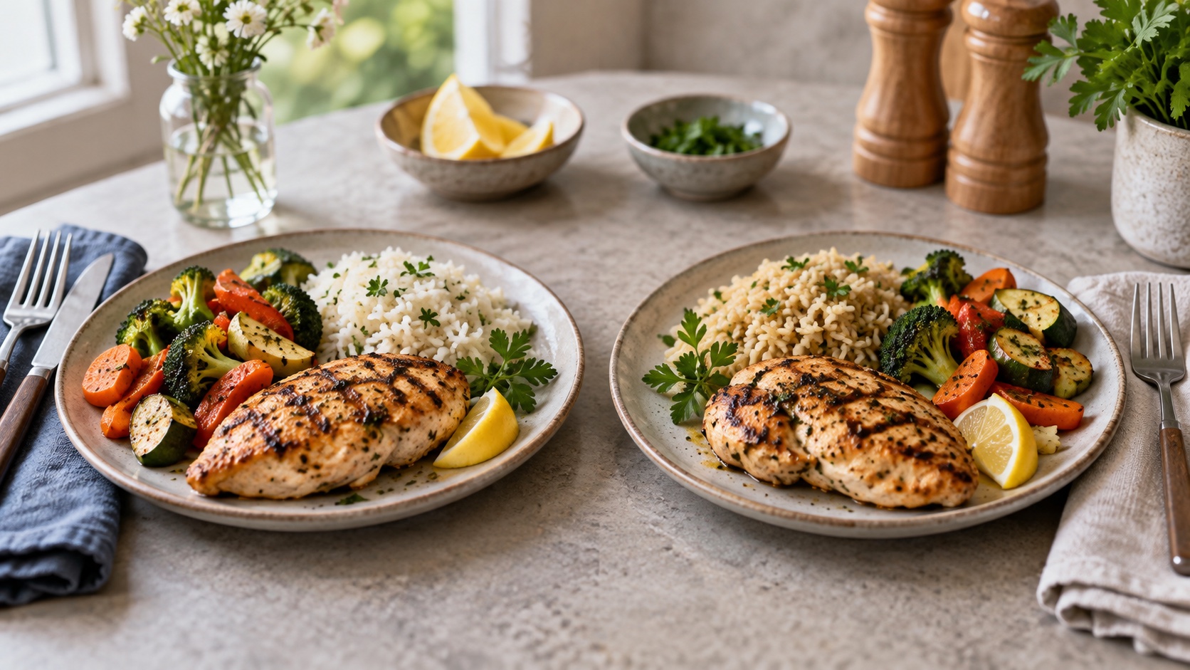Two similar balanced meals on a table.