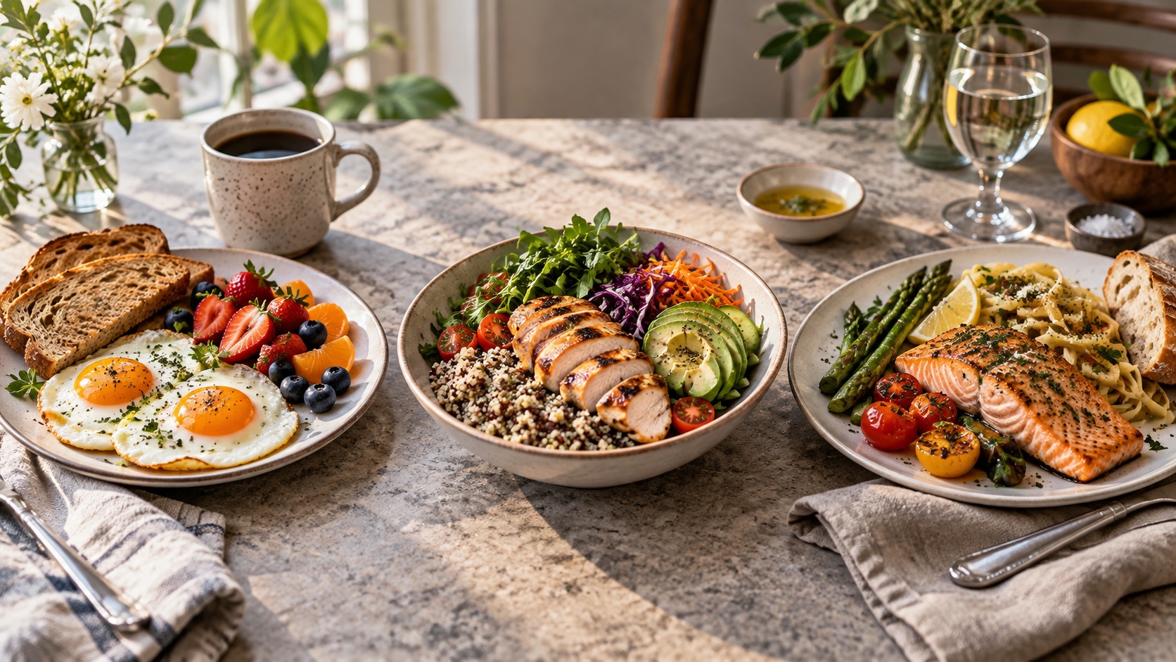 Three ordinary meals illustrating different daily patterns.