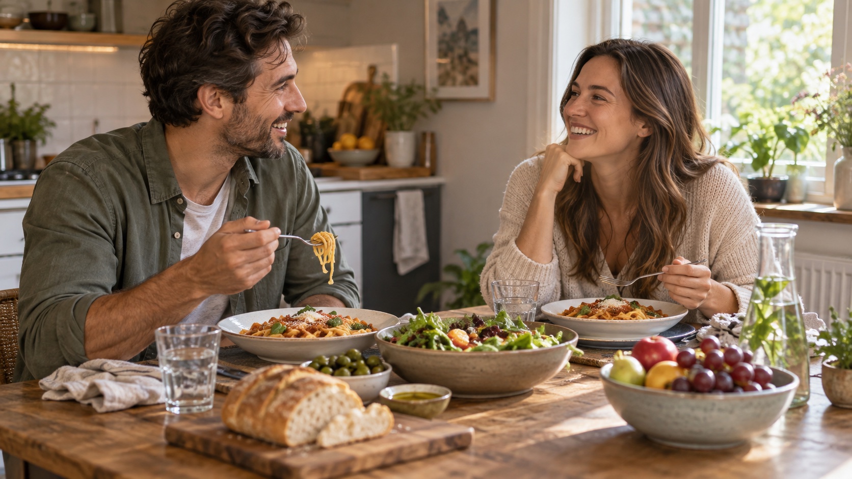 Two adults share an ordinary meal at home.