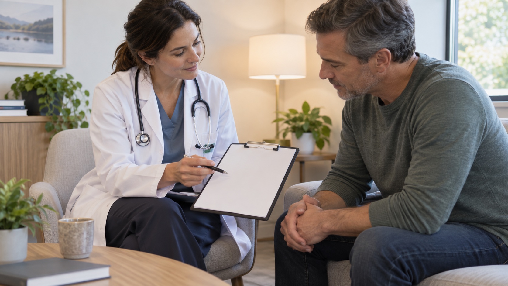 An adult and clinician discuss options in a calm office.
