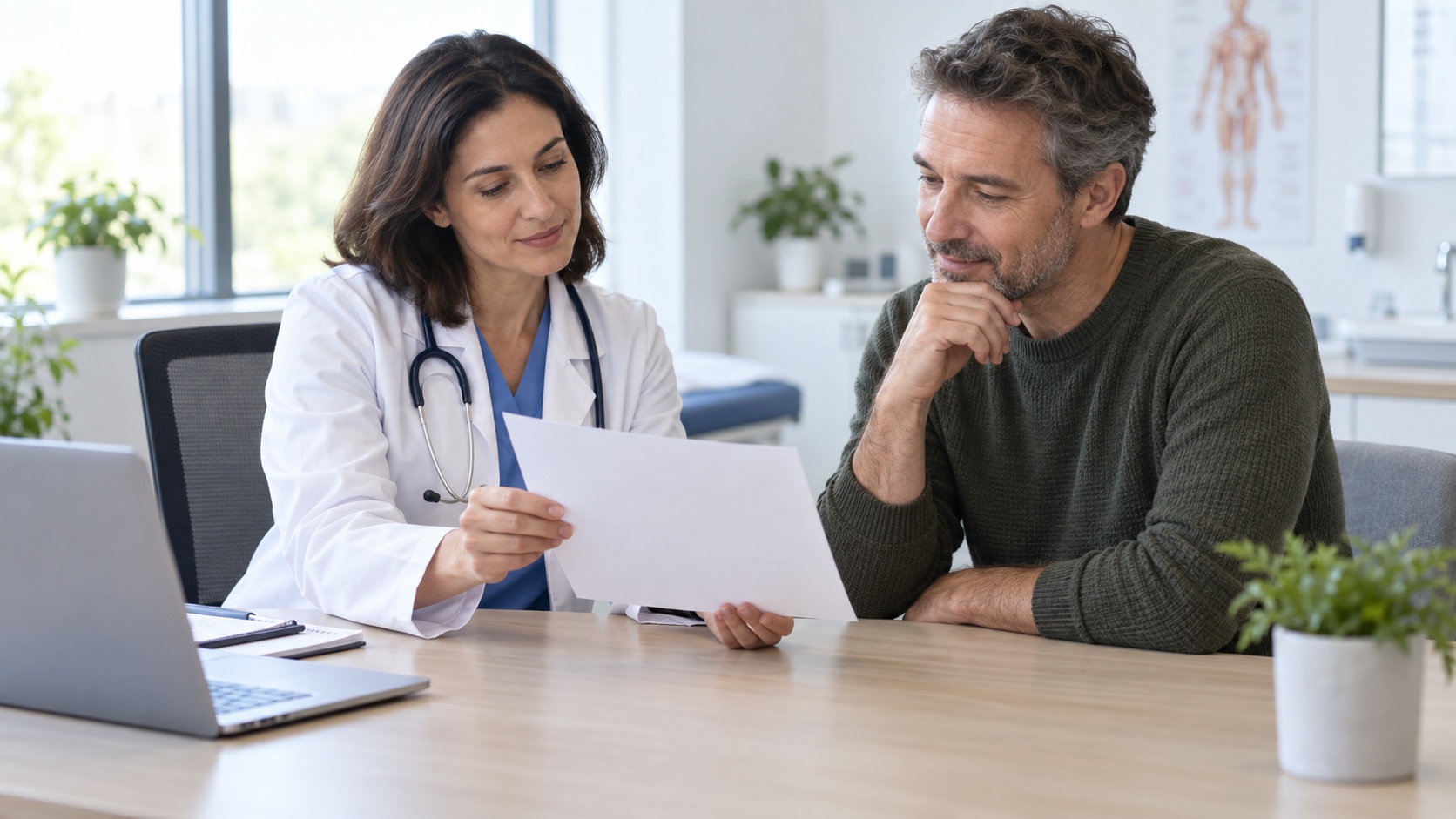 A clinician and adult discuss a blank medication schedule.