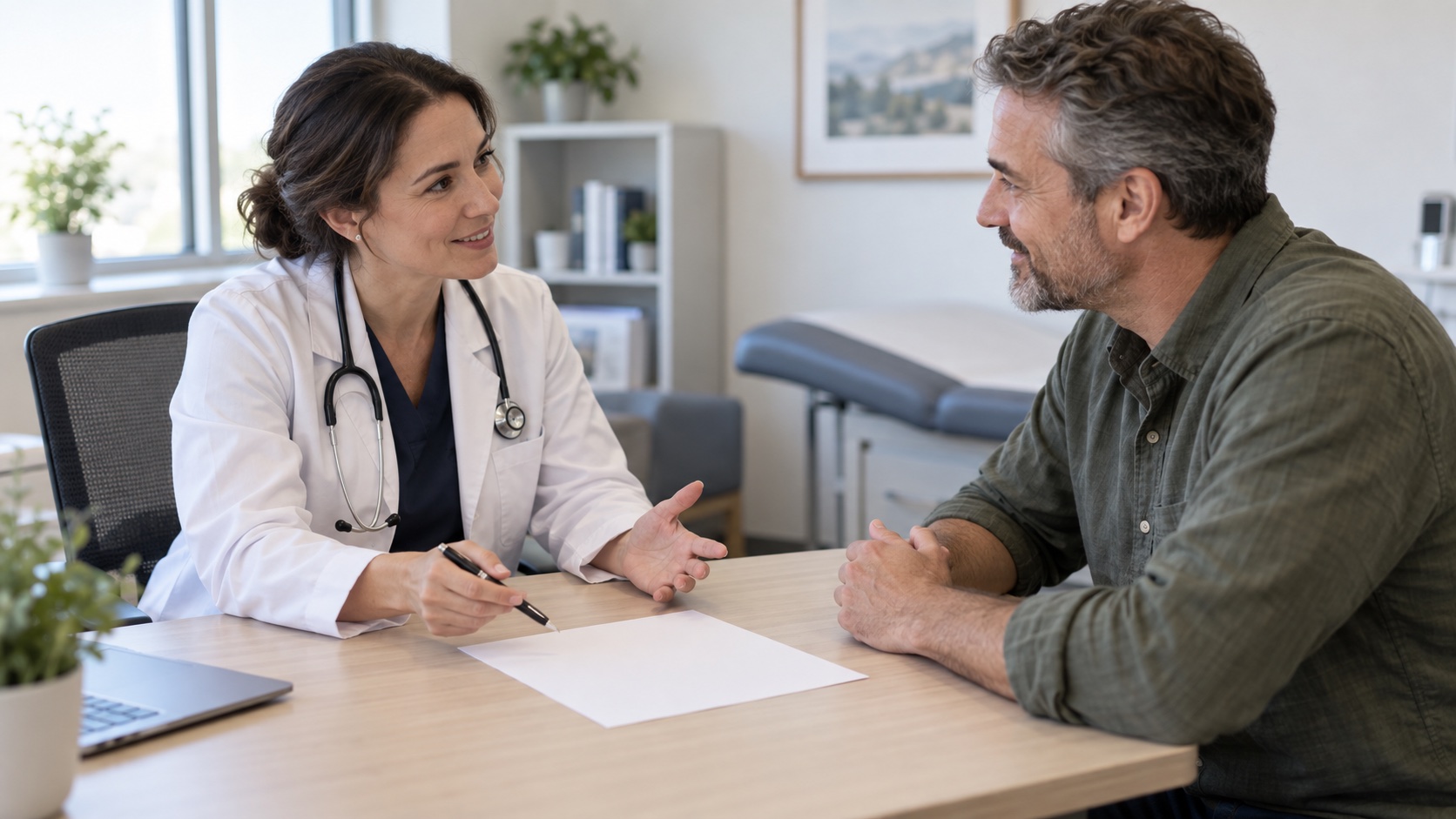 An adult and clinician discuss a blank lab report.