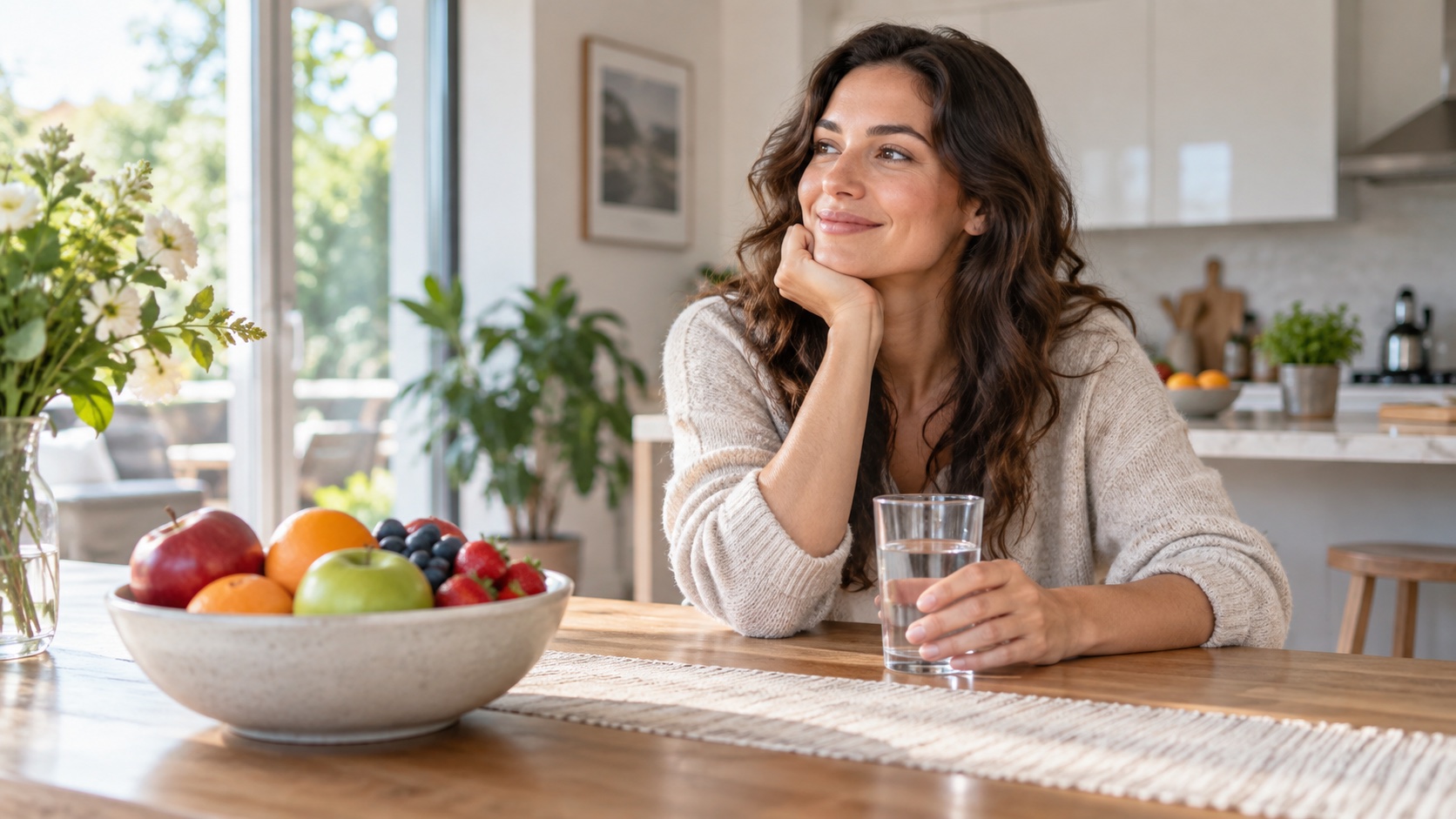 An adult pauses at a kitchen table with water and fruit.