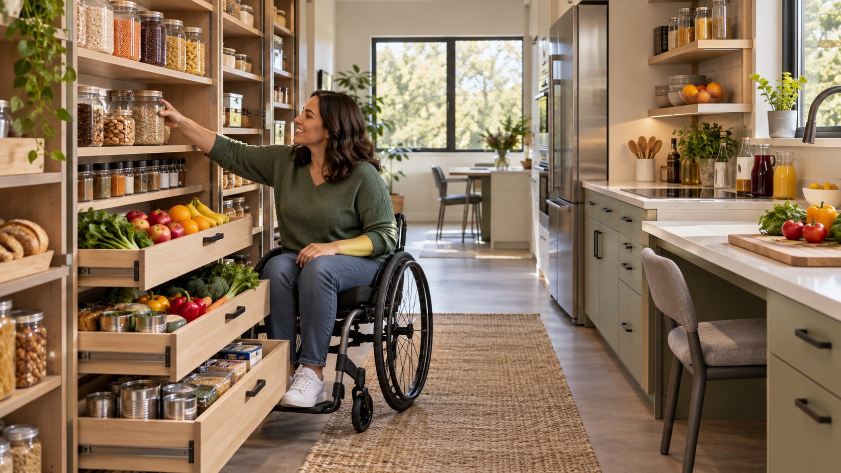 An organized kitchen shelf with ordinary foods.