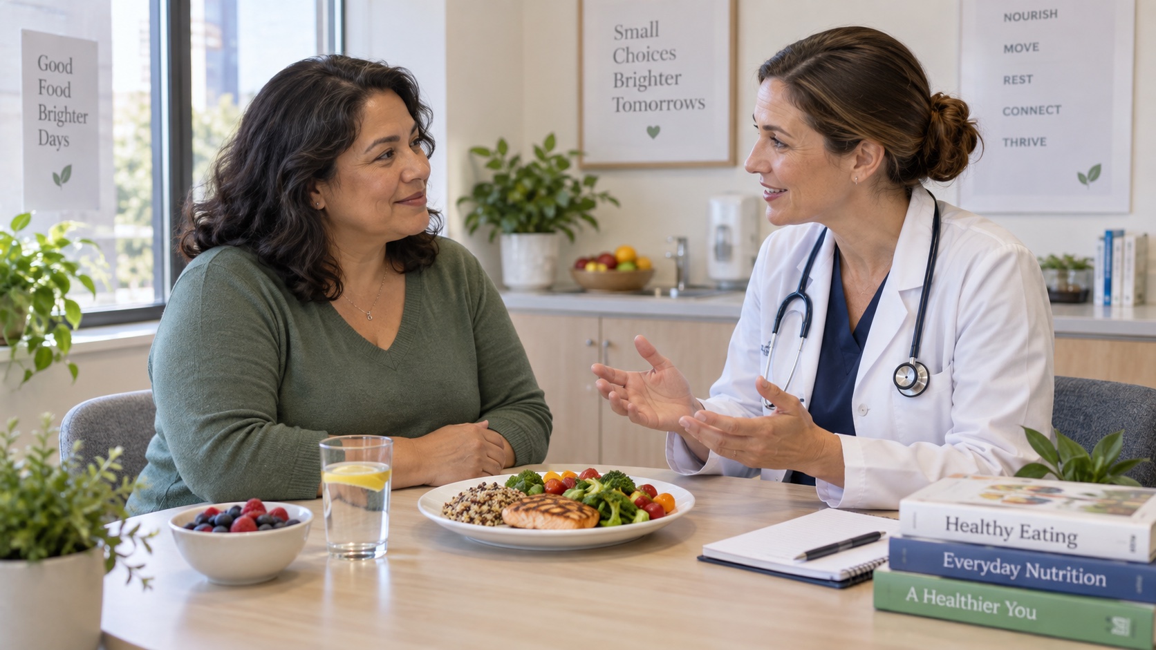 An adult and clinician talk at a table with ordinary food.
