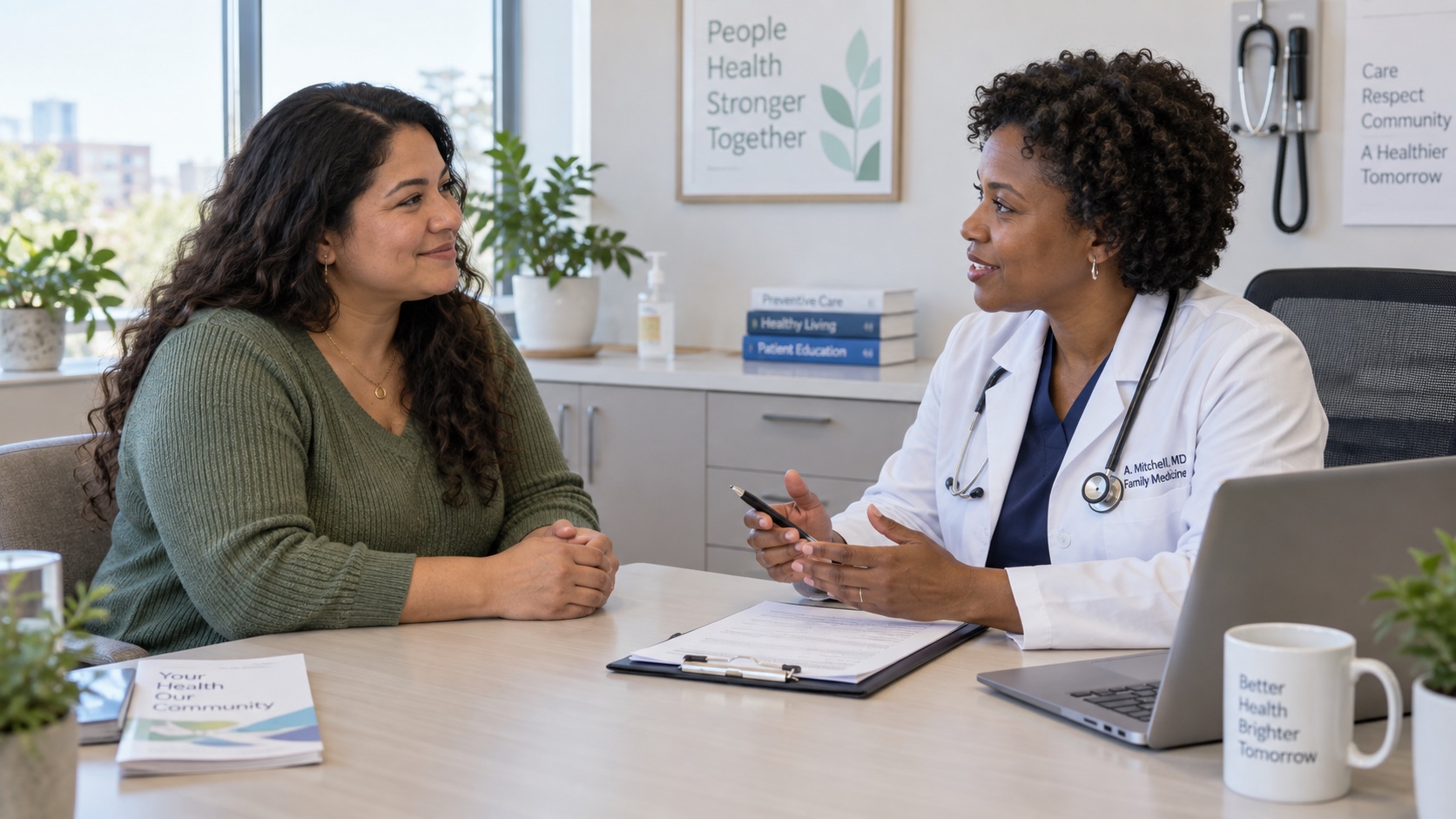An adult and clinician discuss wellbeing in an office.