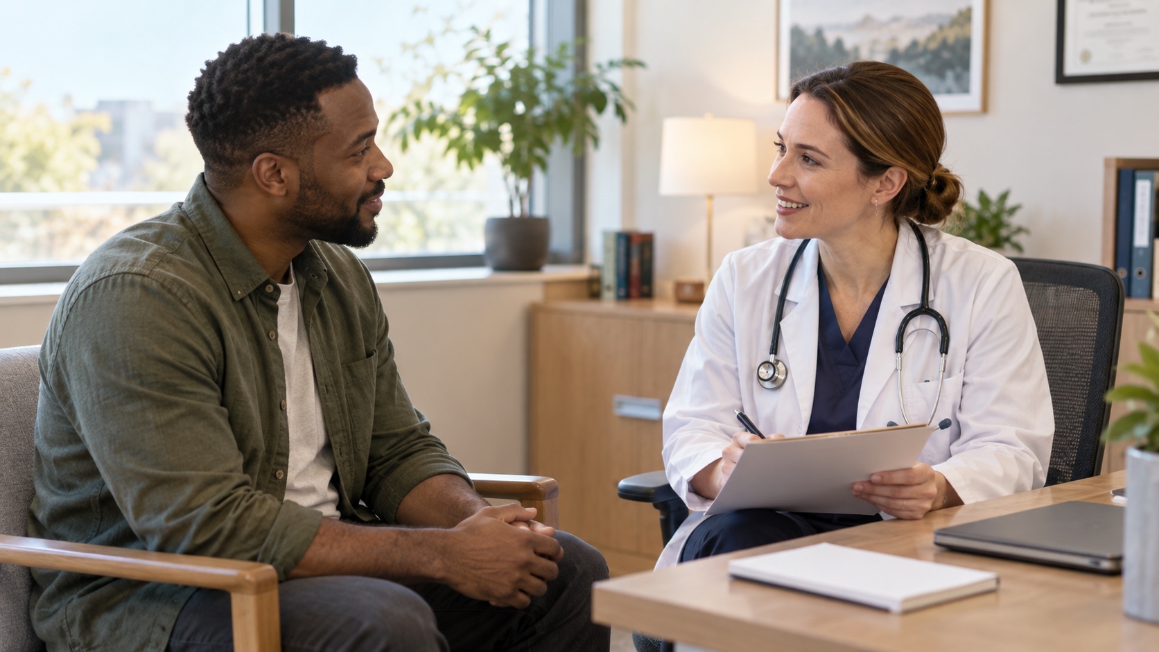 An adult talks with a clinician about eating routines.