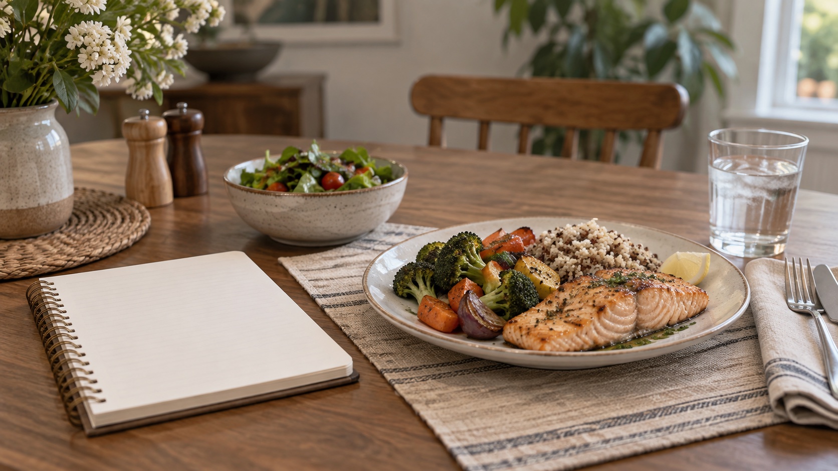 A blank calendar and ordinary meal on a table.