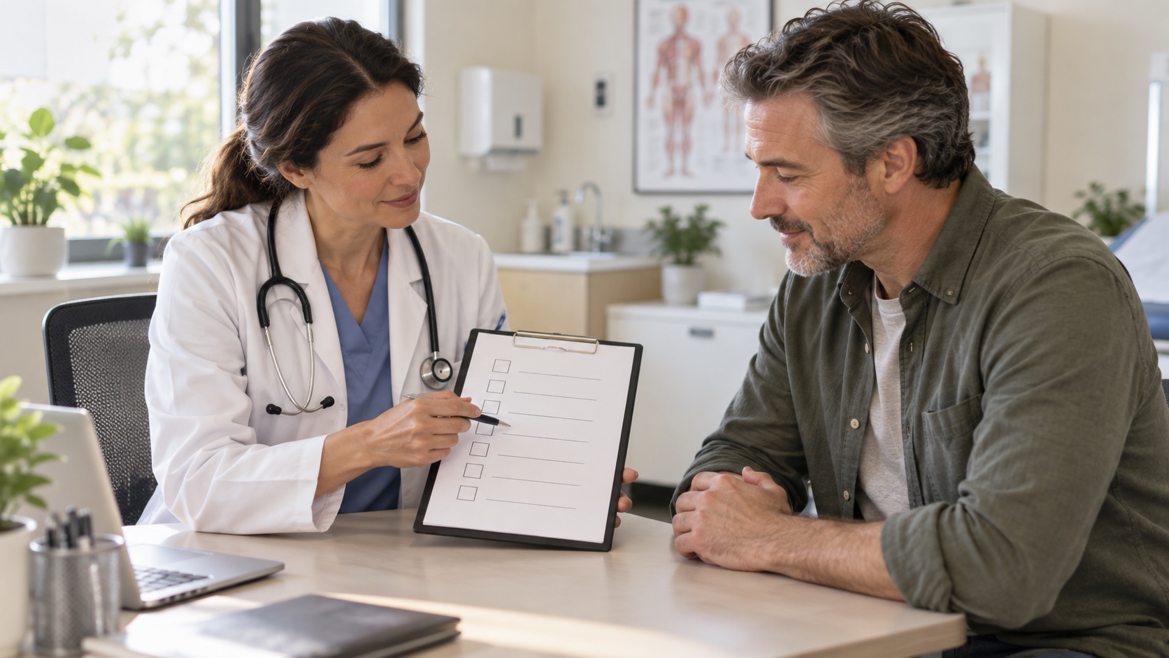 A clinician and adult review a blank checklist.