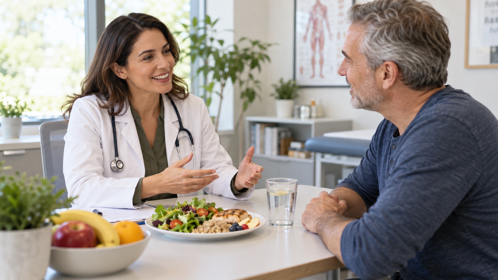 An adult and clinician discuss a meal in a clinic.