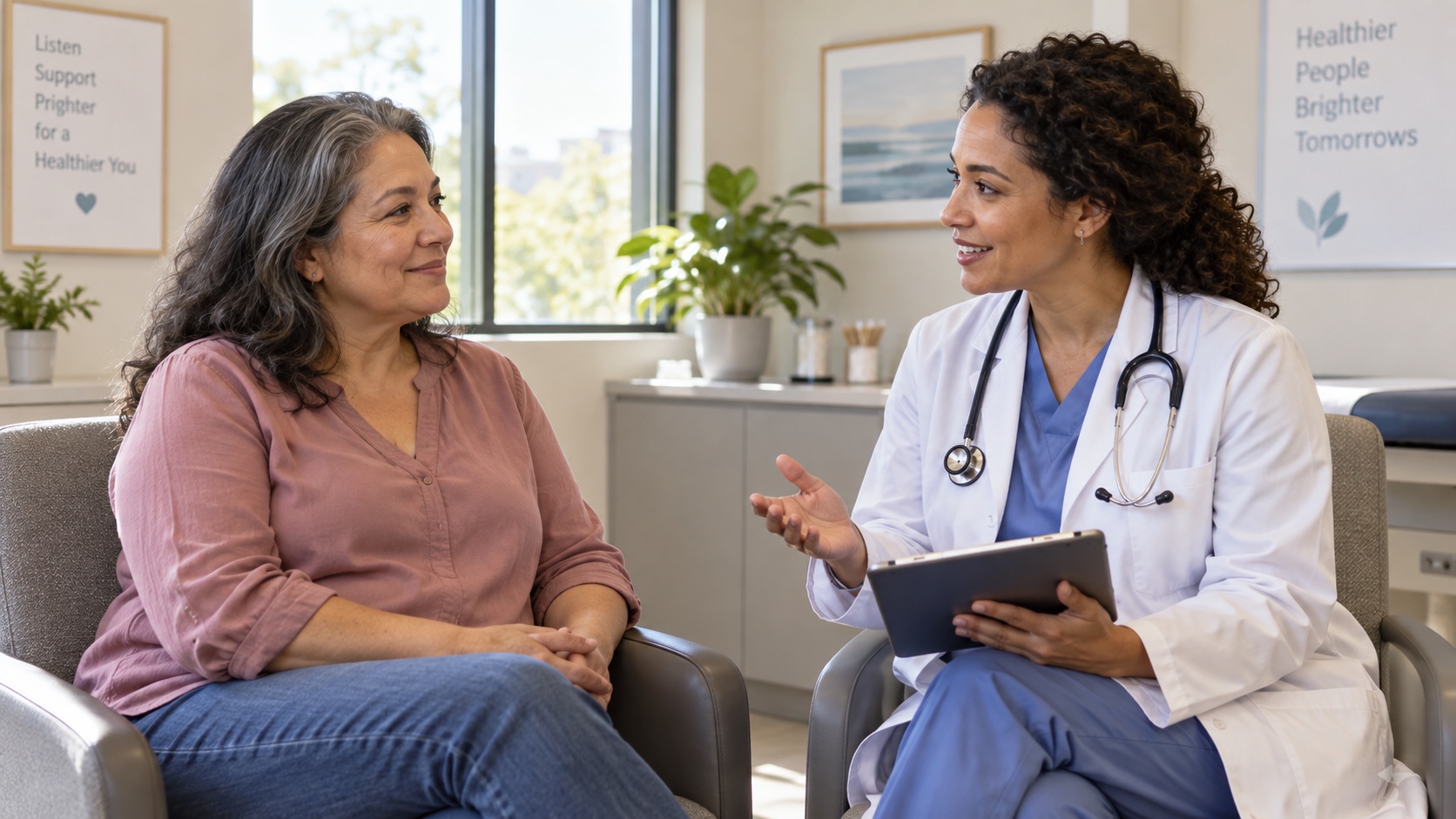 An adult discusses activity with a clinician after walking.