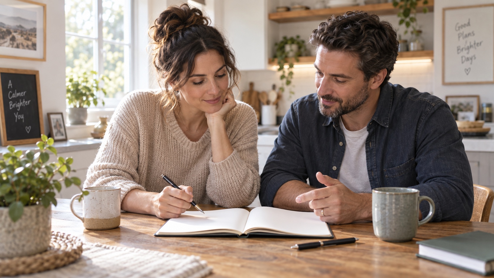 Two adults discuss a blank meal schedule at home.
