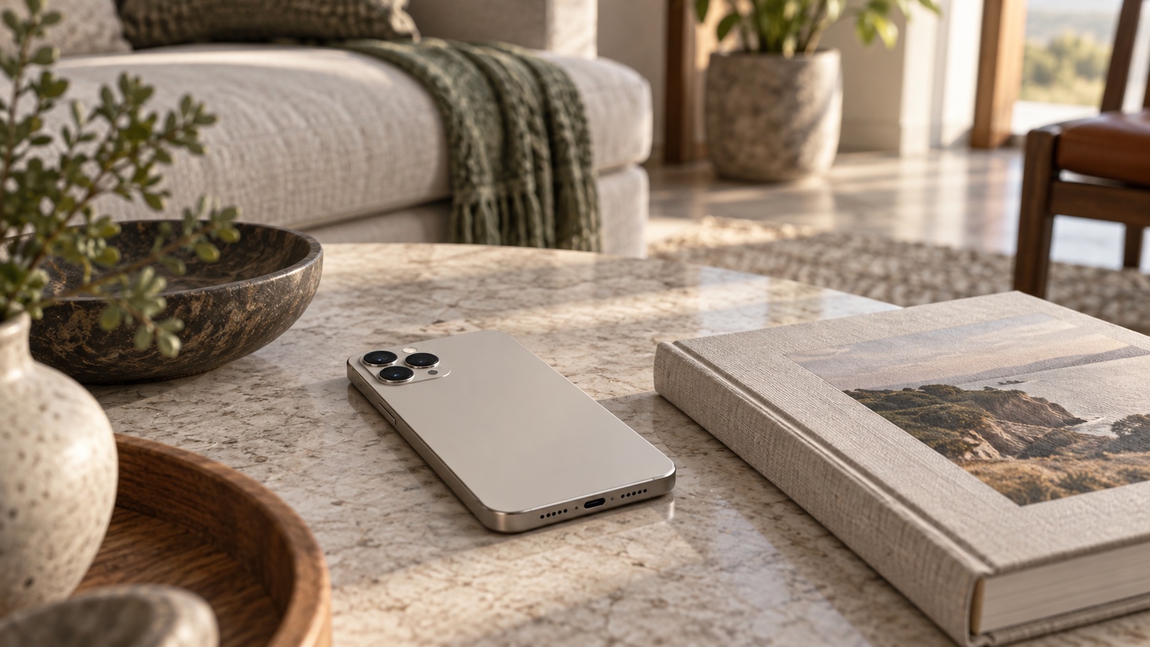 A phone and book sit on a living-room table.