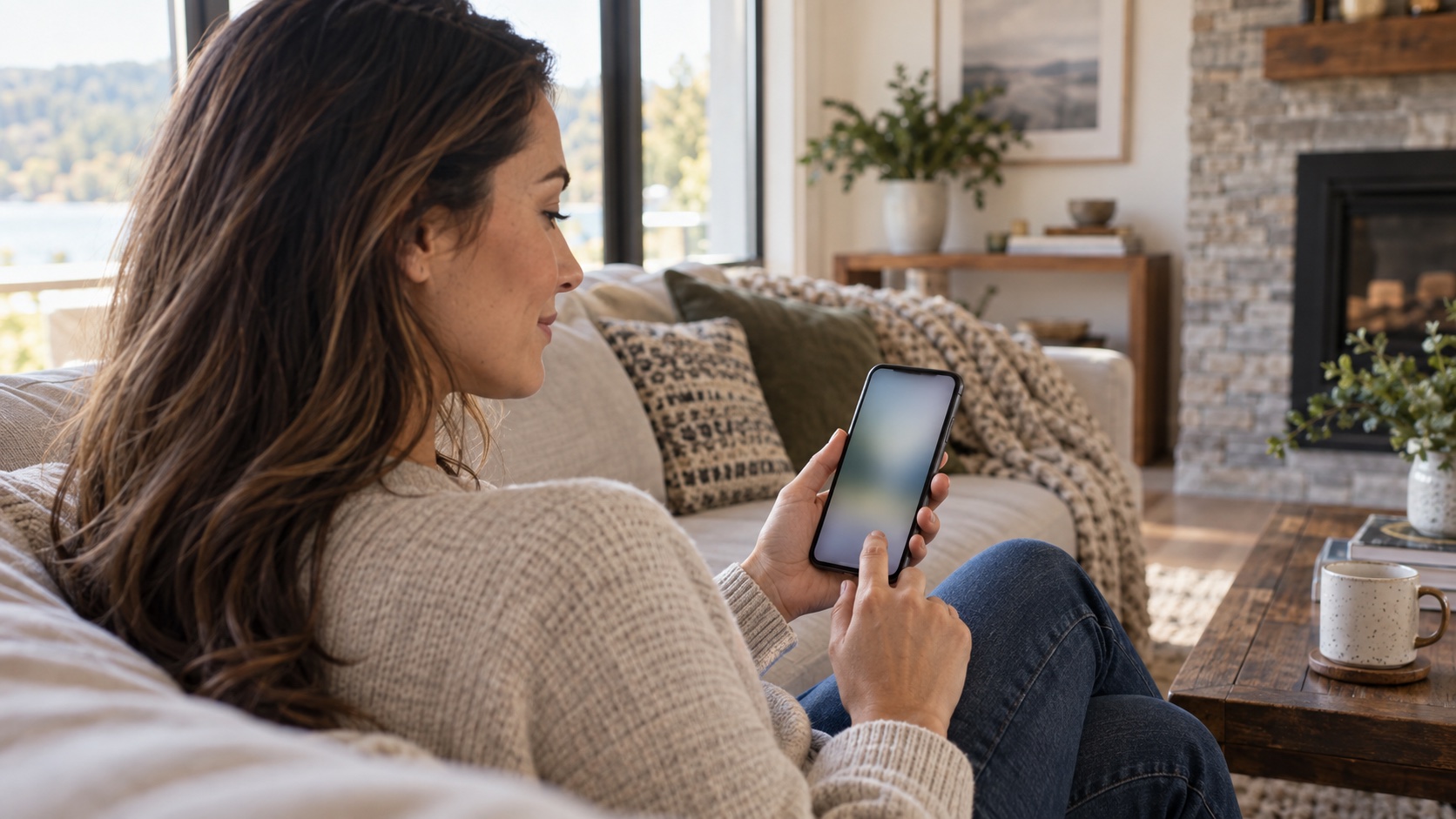 An adult holds a phone with an unreadable screen.