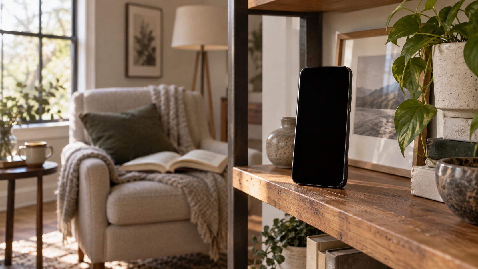 A phone sits upright on a console table.