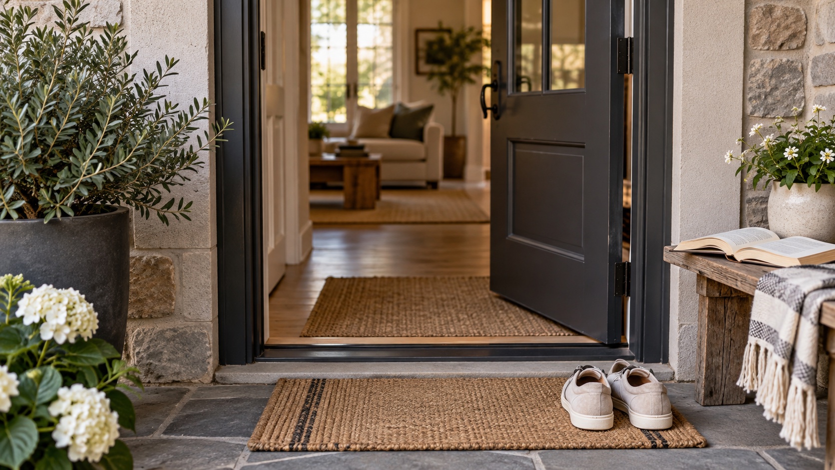 A pair of walking shoes rests by the entryway.