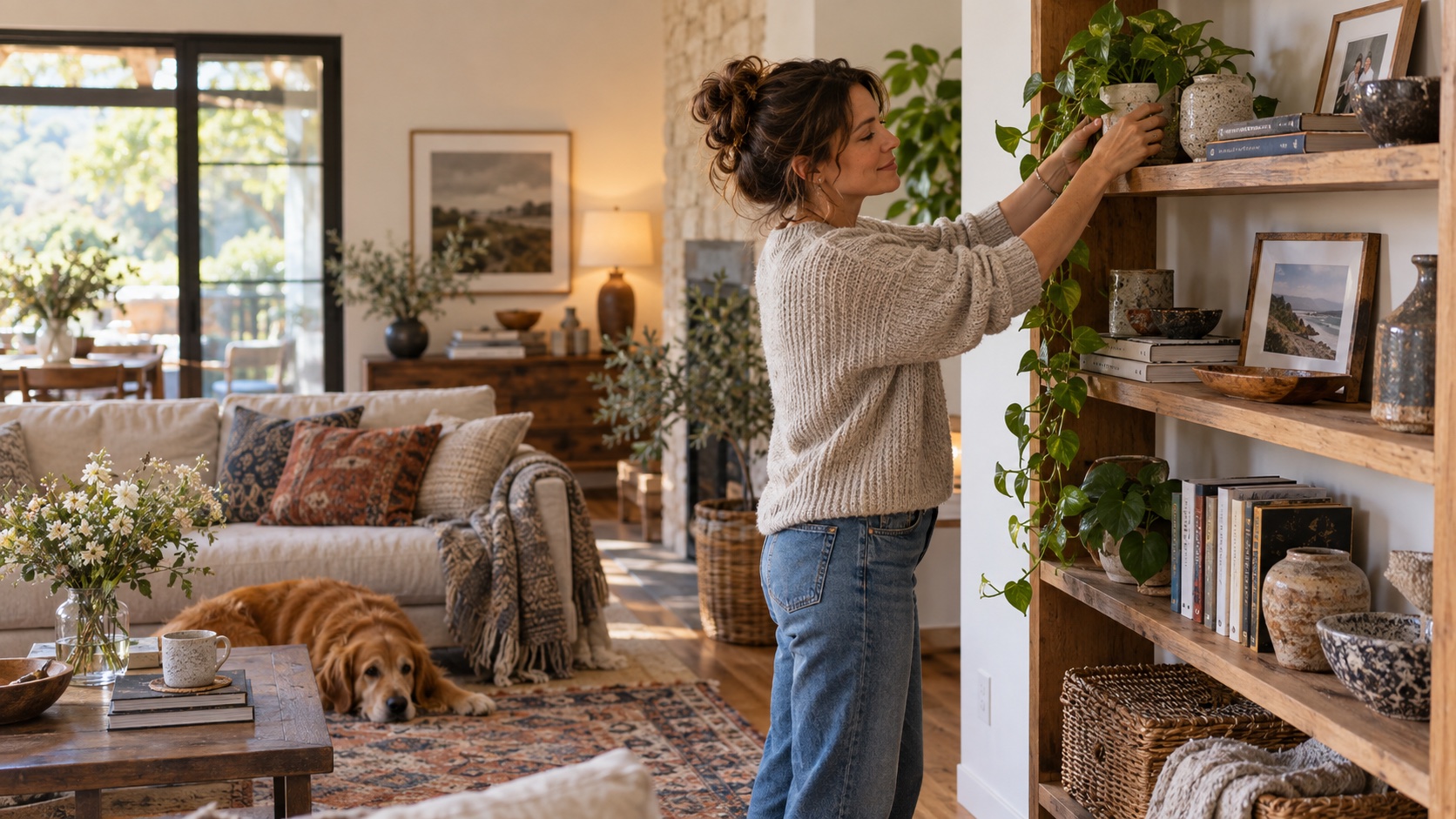 An adult organizes a shelf at home.