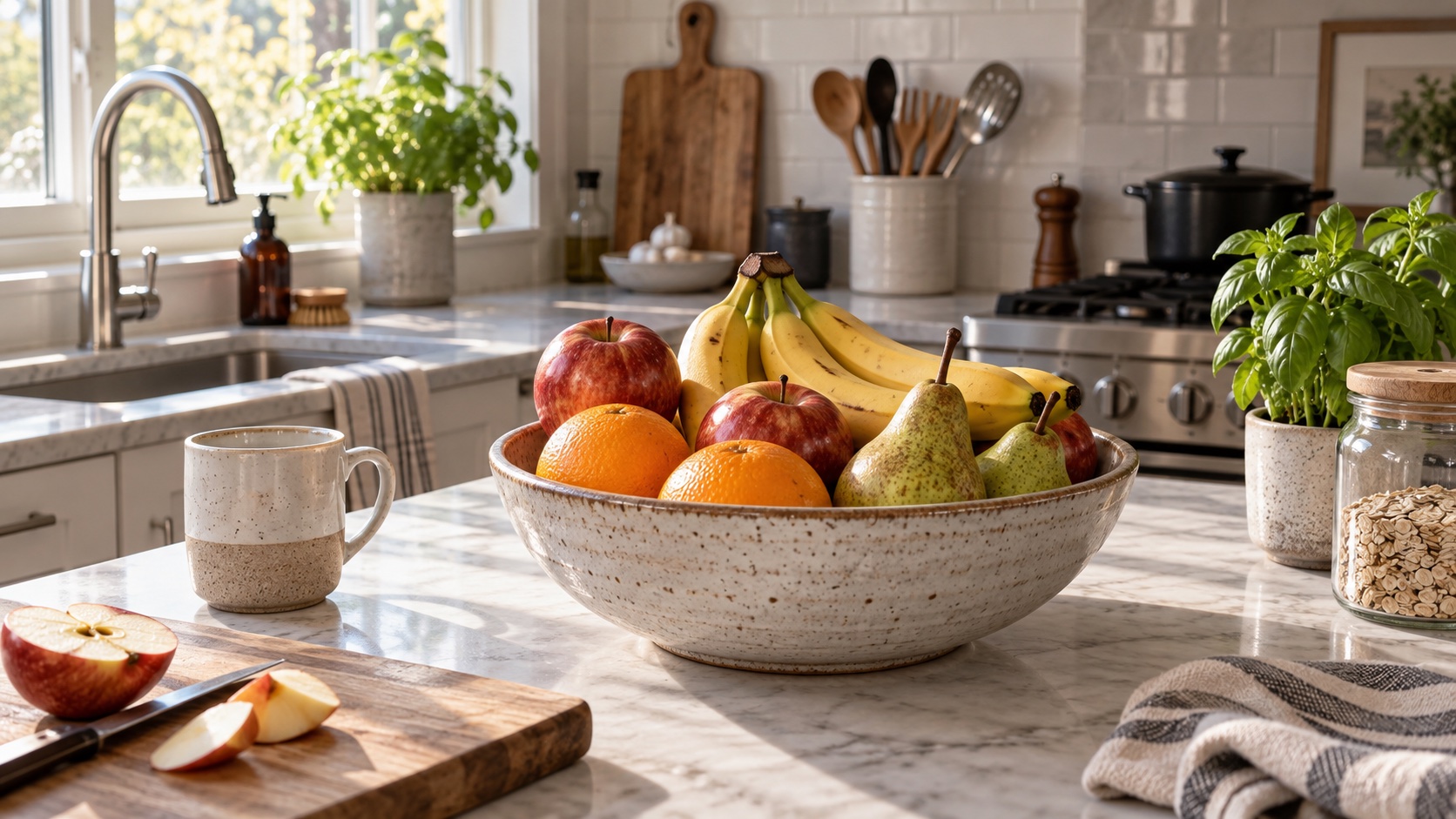 A bowl of fruit sits within easy reach on a kitchen counter.