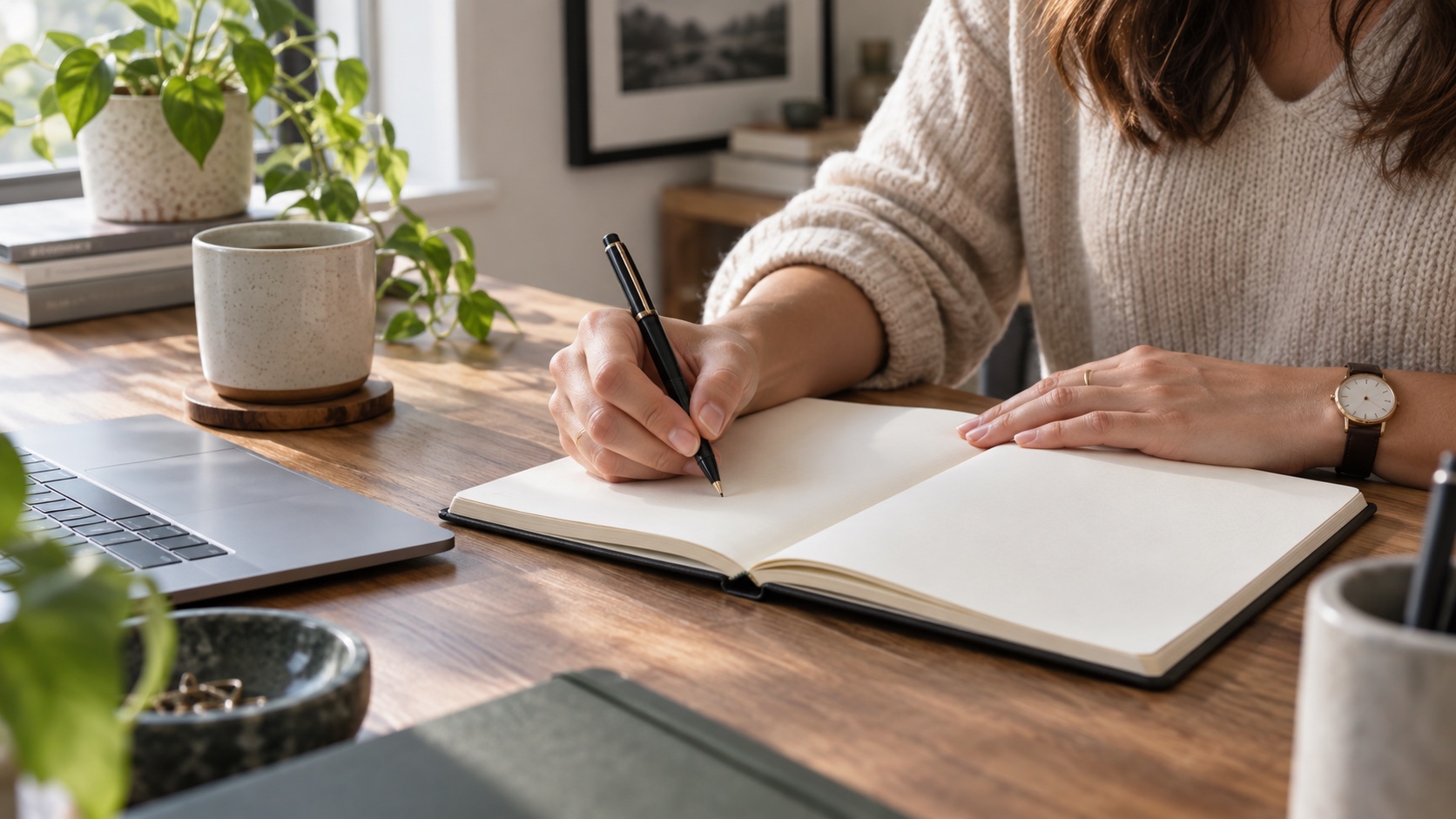 An adult writes in a blank journal by a window.