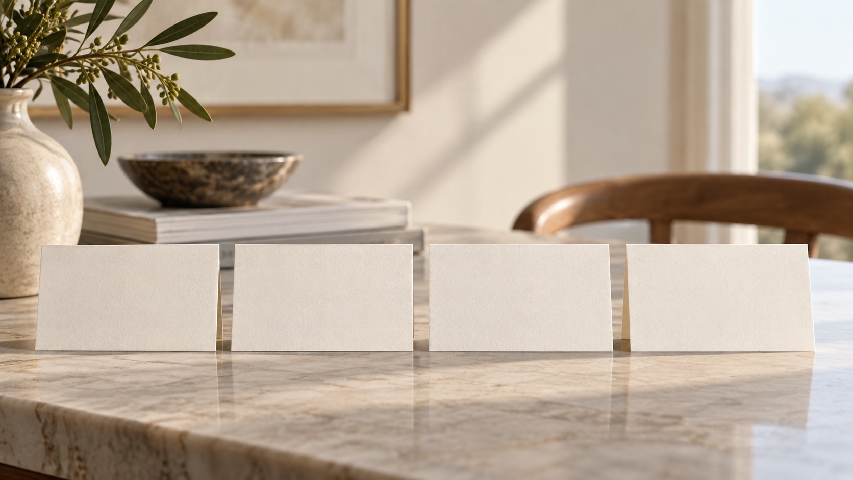 A sequence of blank cards sits in a row.