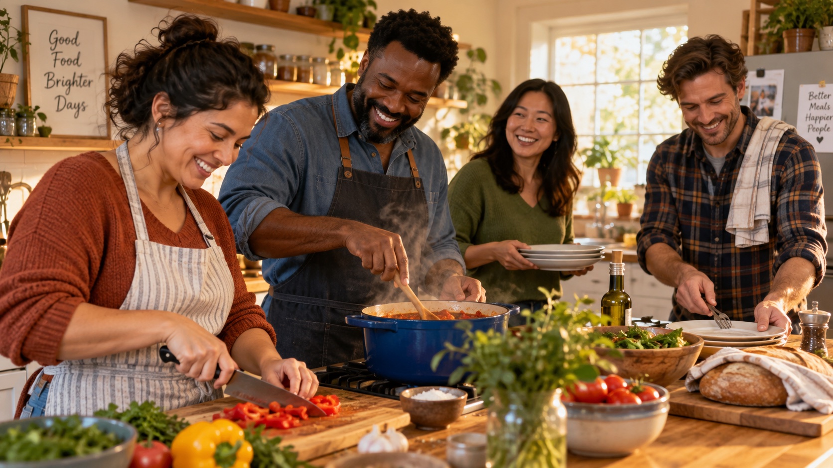 Adults prepare food together in a kitchen.