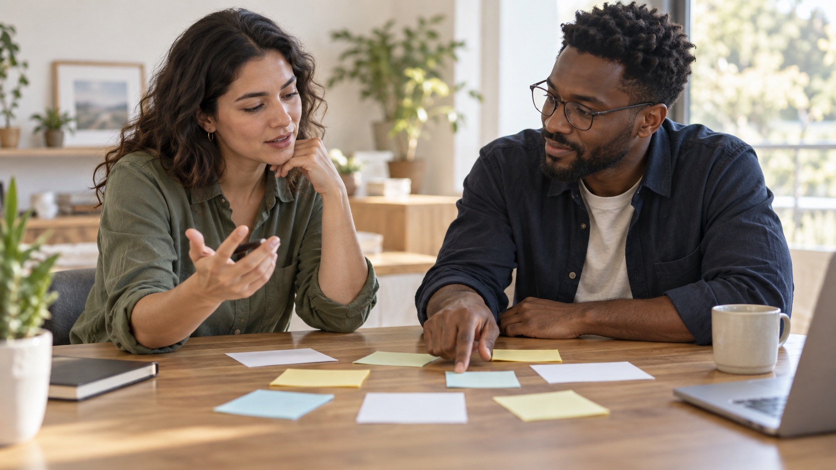 Two adults review a blank plan together.