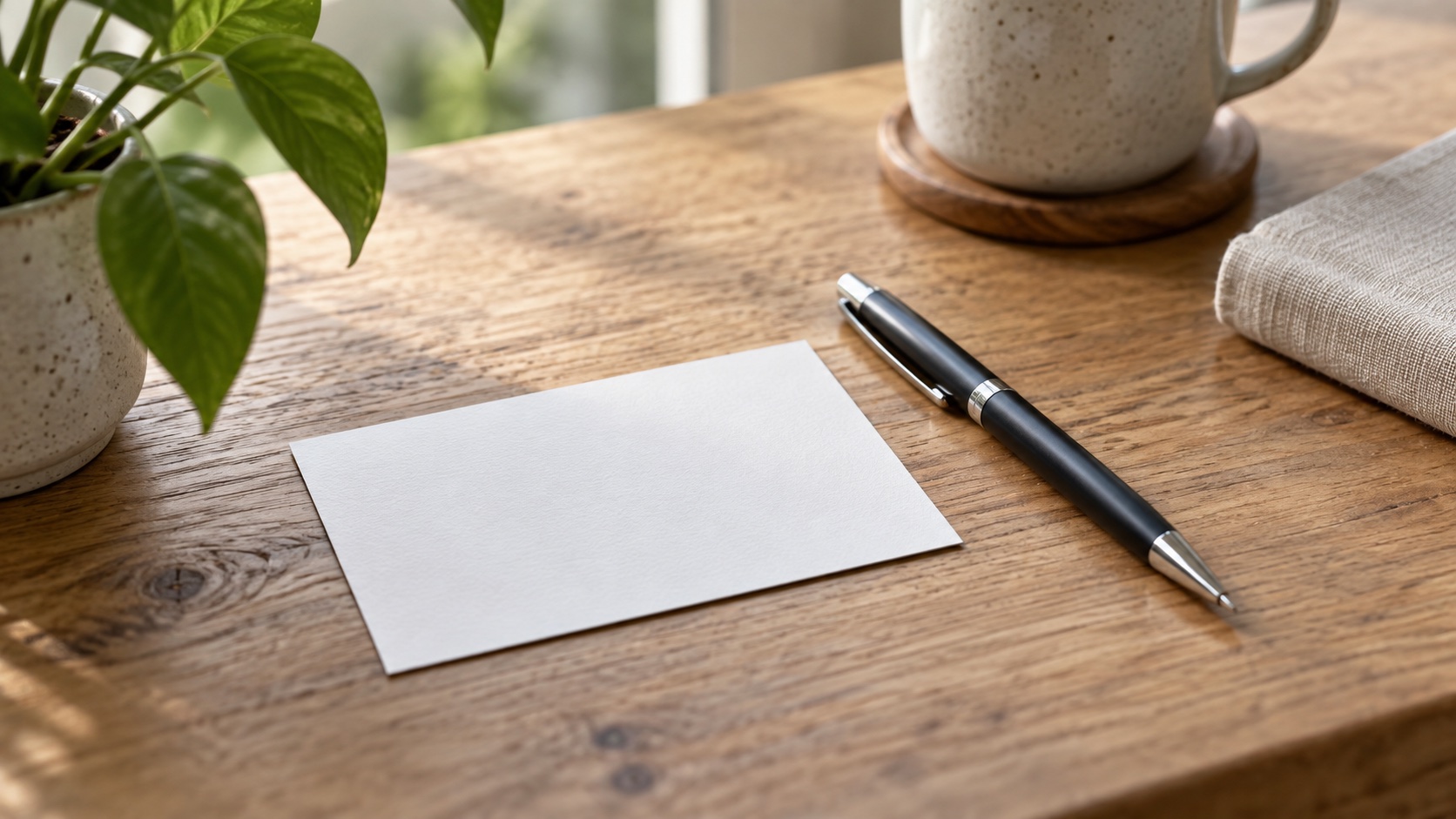 A blank card and pen on a desk.