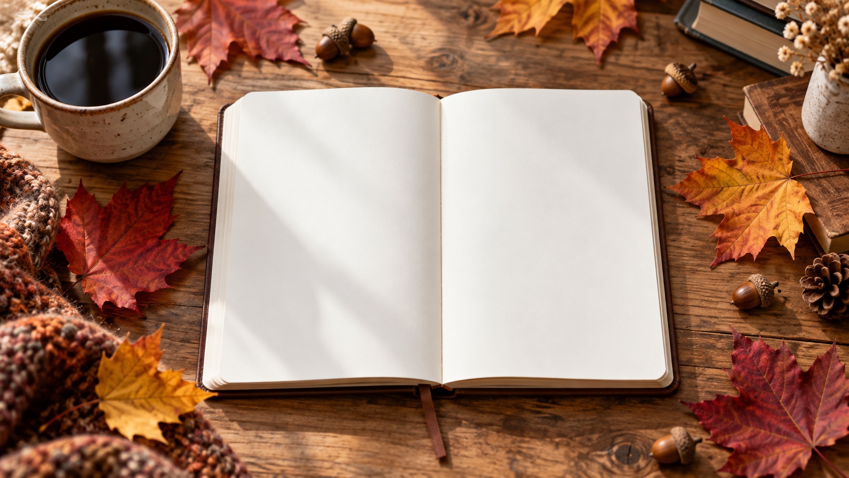 An adult reviews a blank planner at a table.