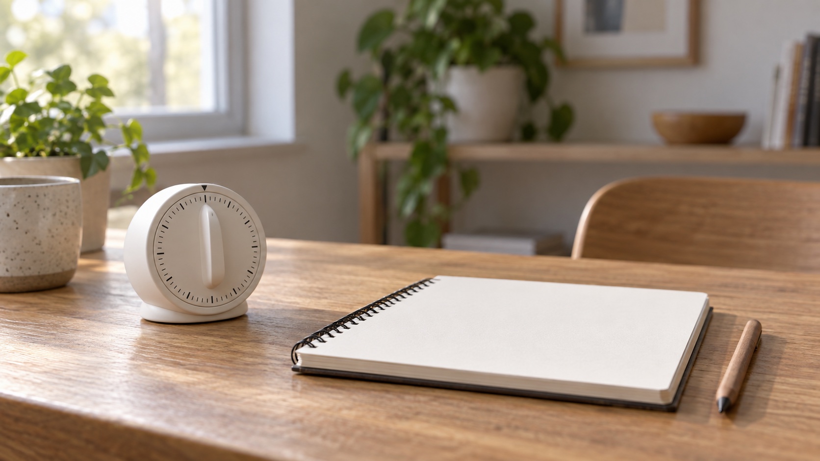 A simple timer sits beside a blank notebook.