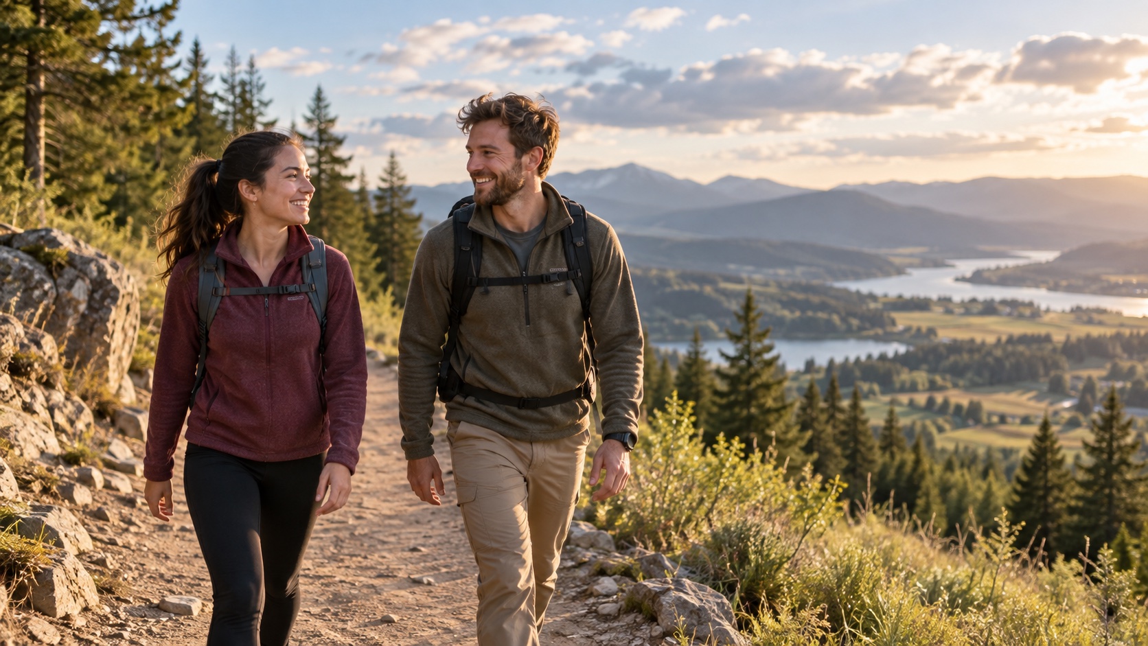 Two adults walk together on a park path.