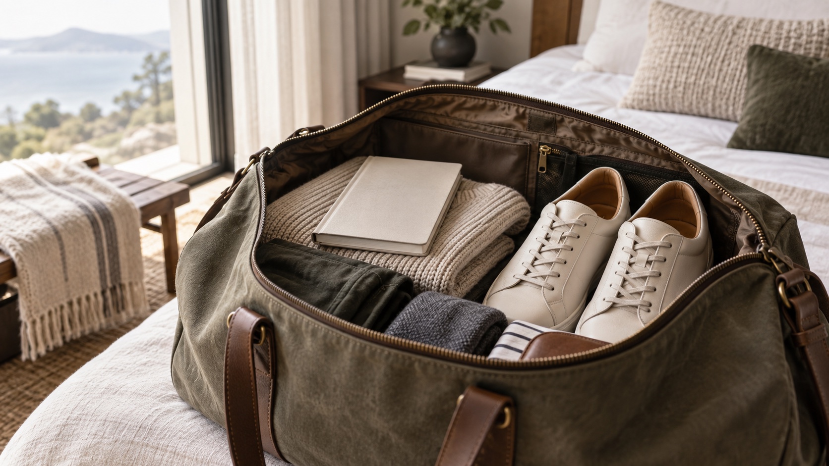 Walking shoes and notebook packed in a travel bag.