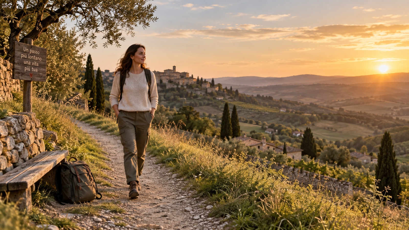 An adult walks on a quiet path after a trip.