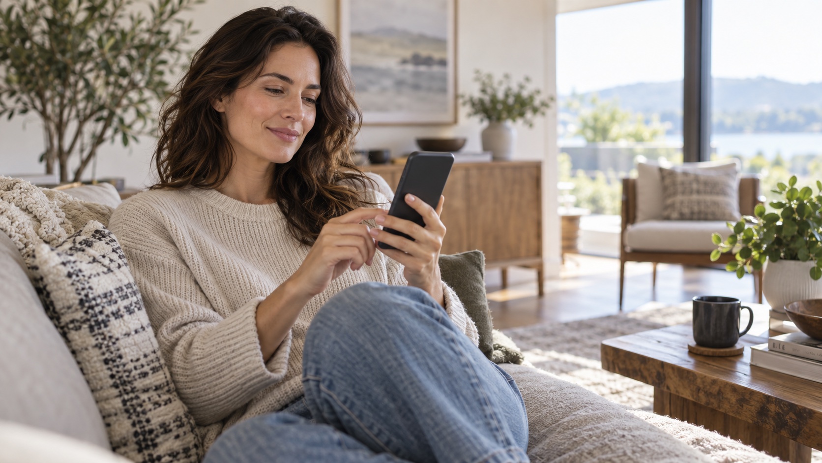 An adult holds a phone with a blank blurred screen.
