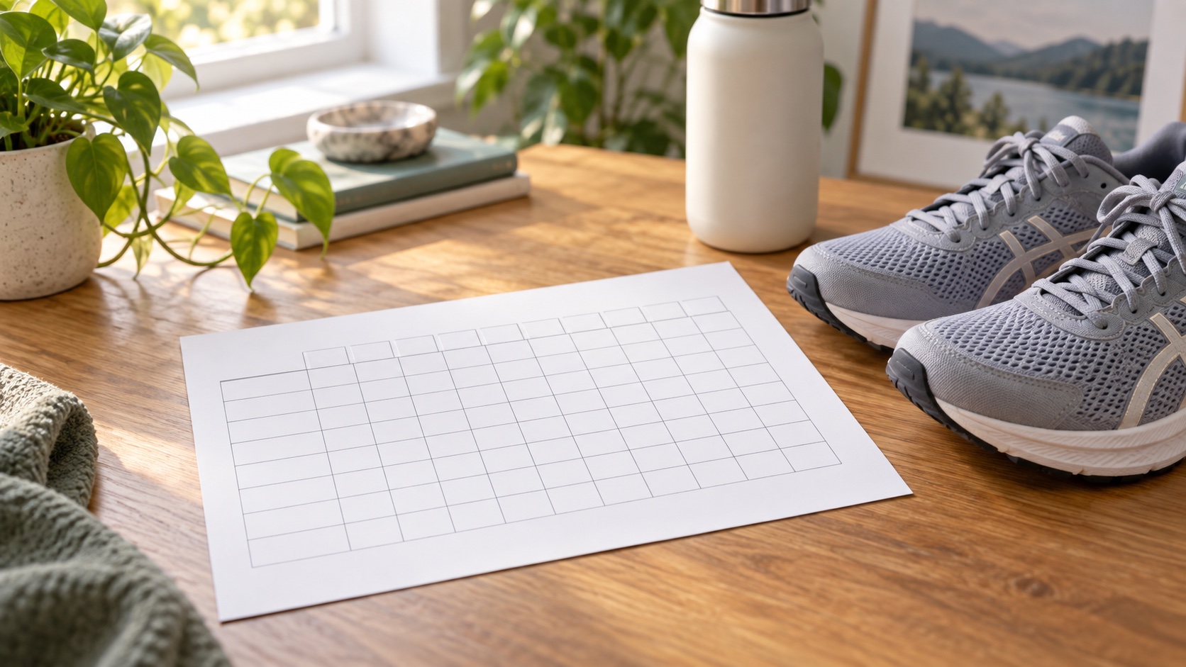 A blank habit tracker beside walking shoes.