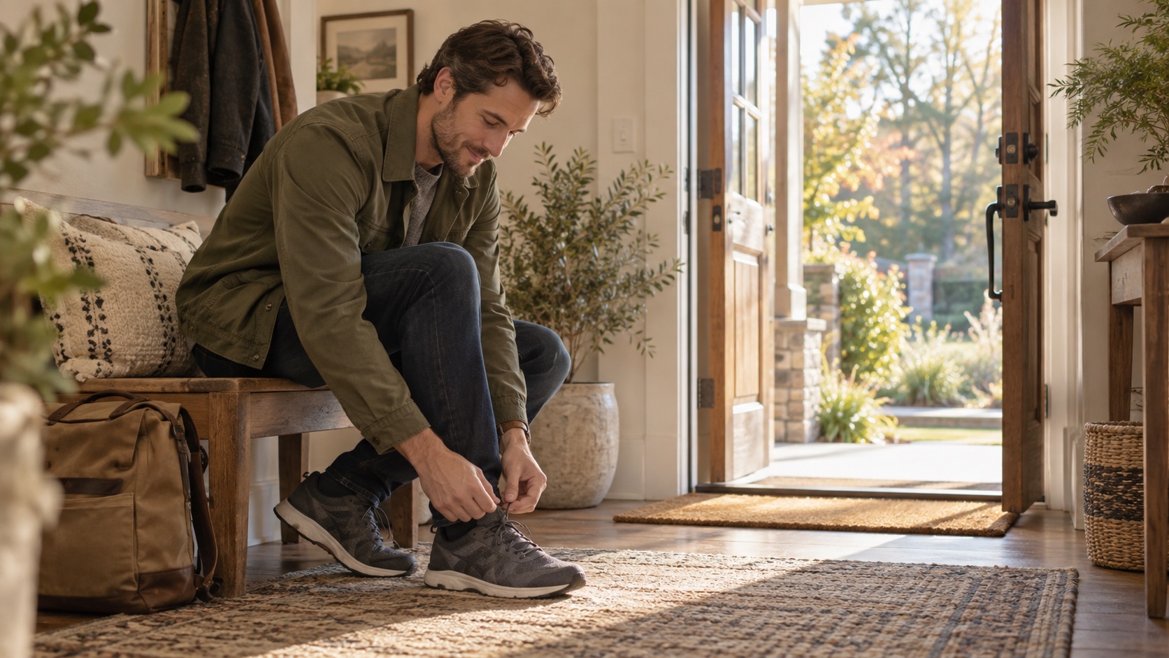 An adult ties walking shoes beside the door.