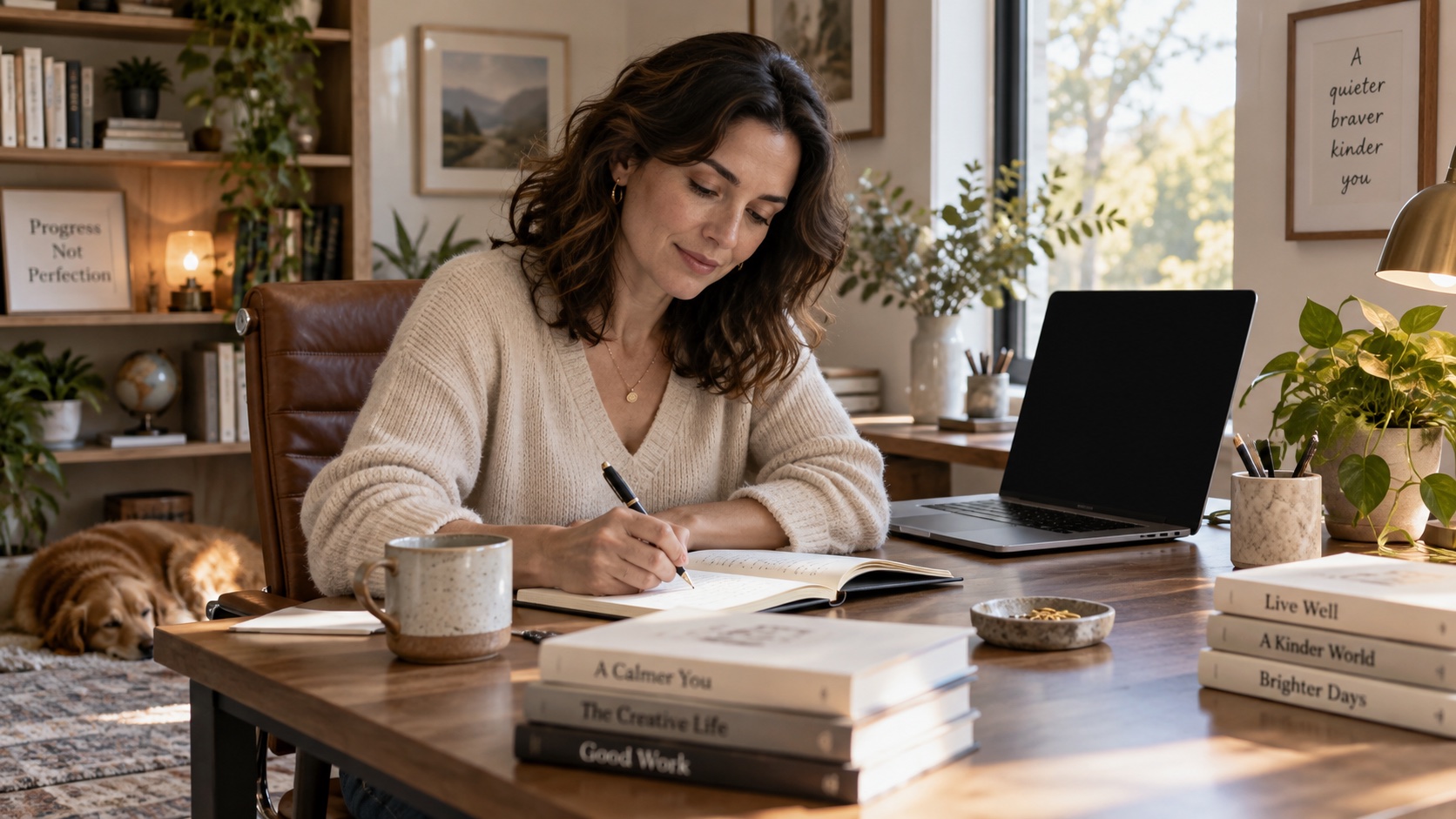 An adult sits at a desk with a notebook and laptop.