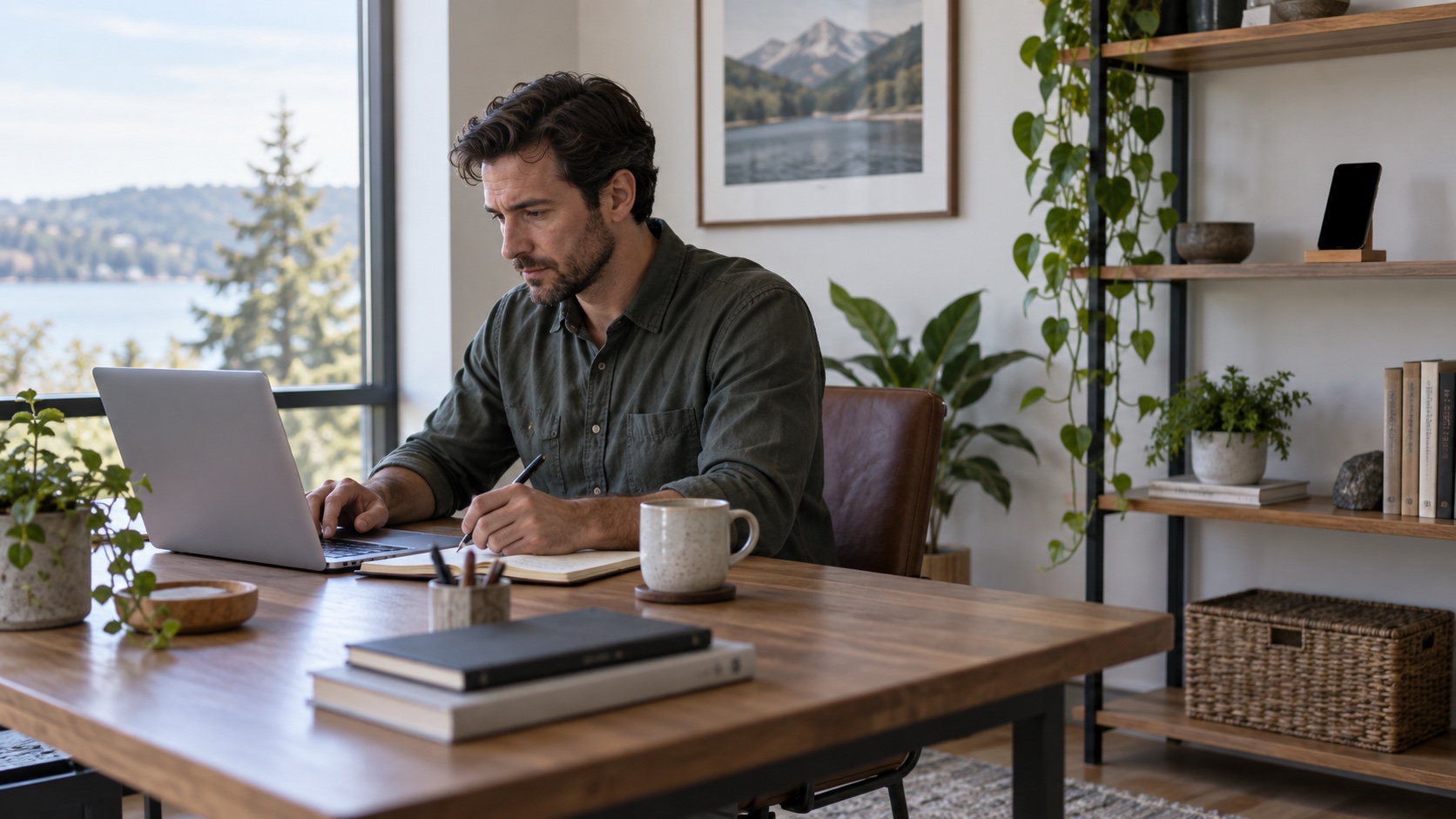 A phone rests away from an adult working at a desk.
