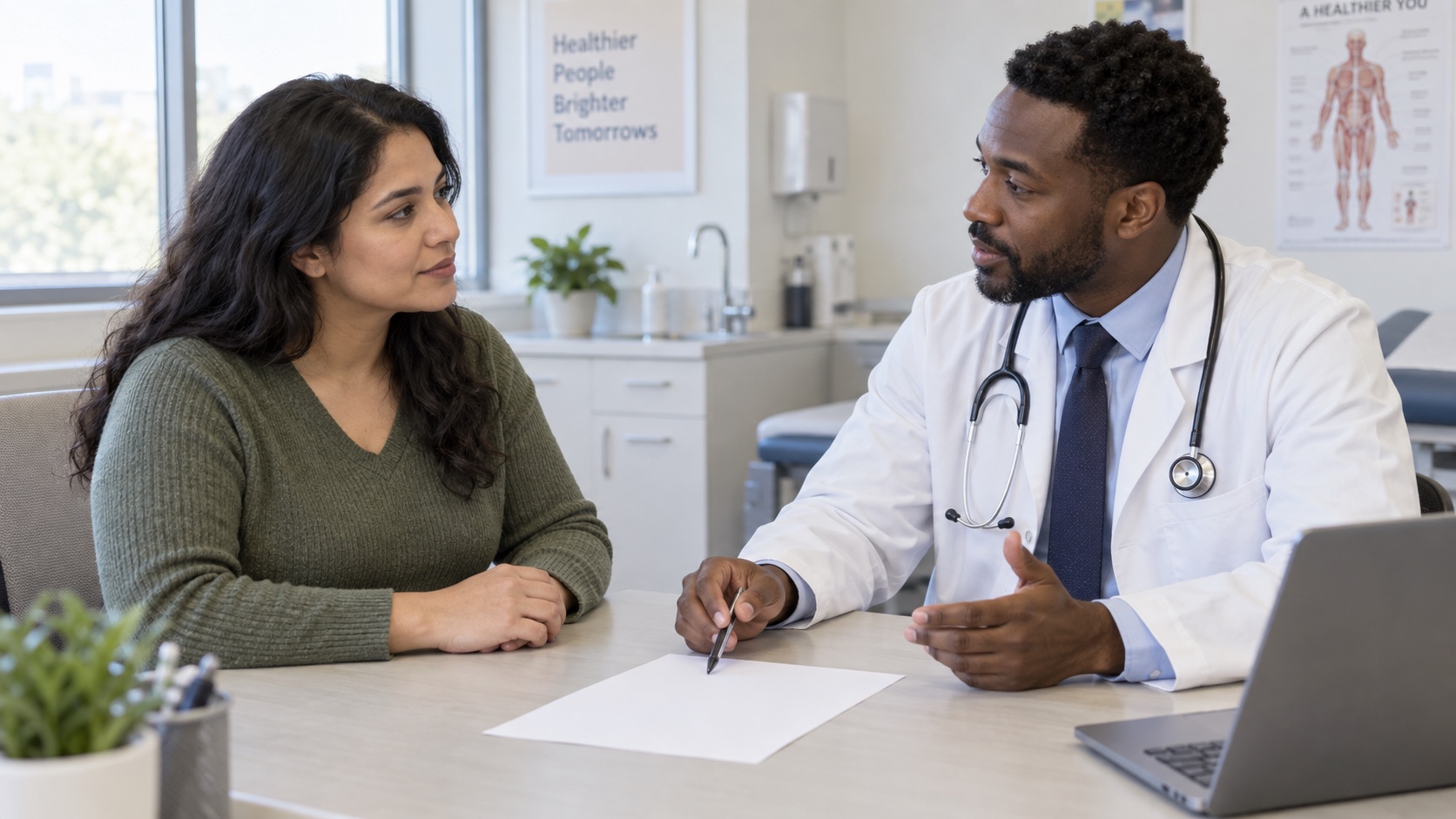 An adult and clinician talk in a calm office.