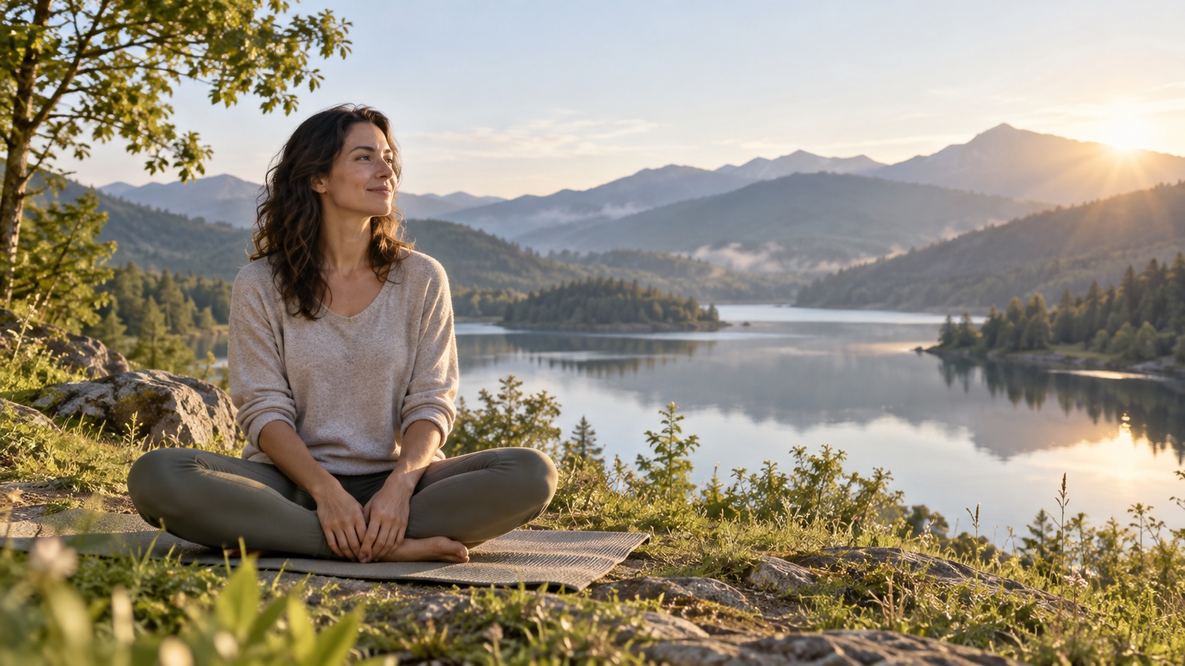An adult sits comfortably with eyes softly closed.