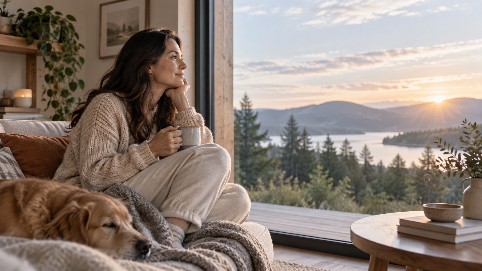 An adult sits quietly by a window.