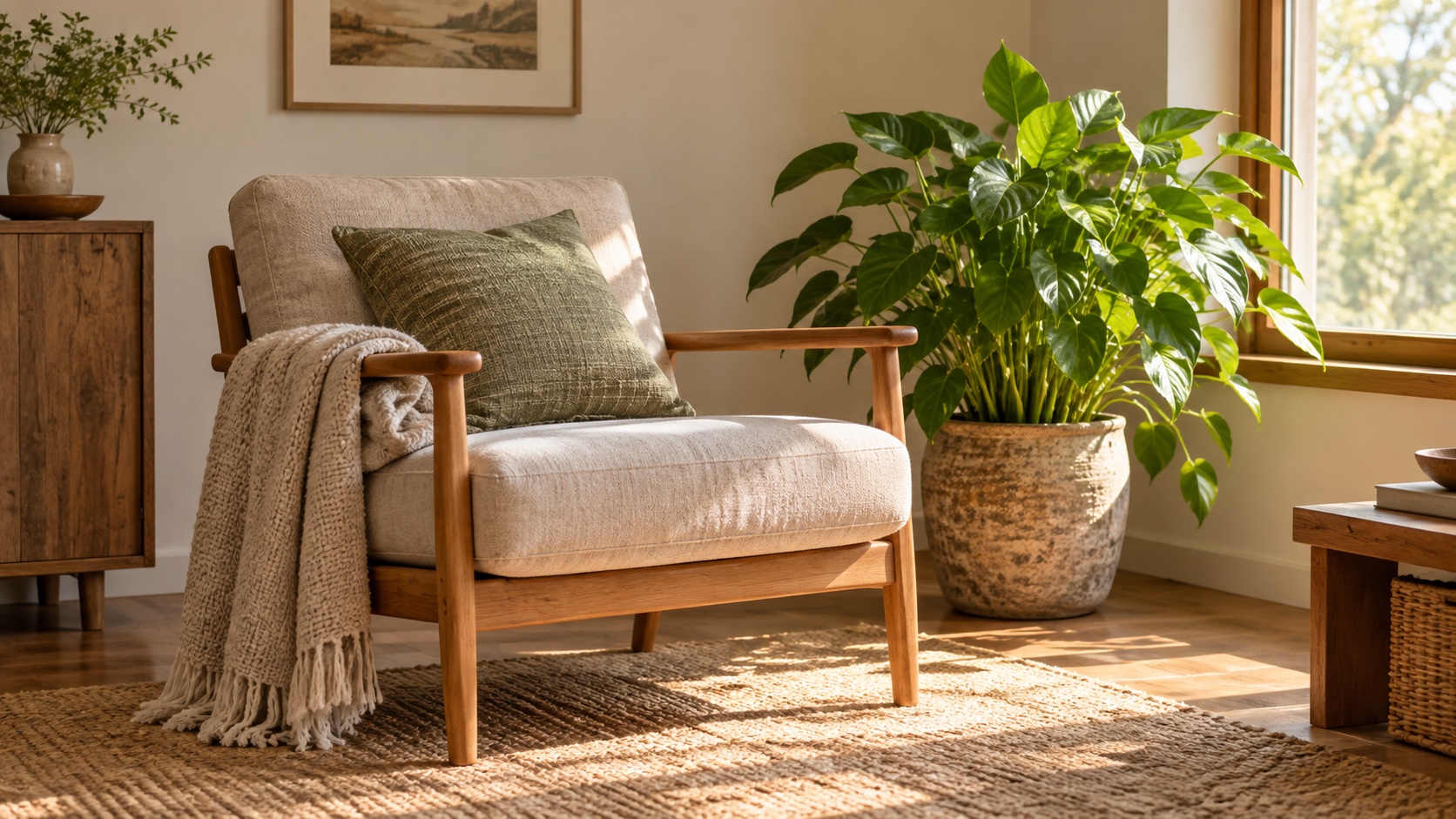 A chair and cushion arranged in a quiet home corner.